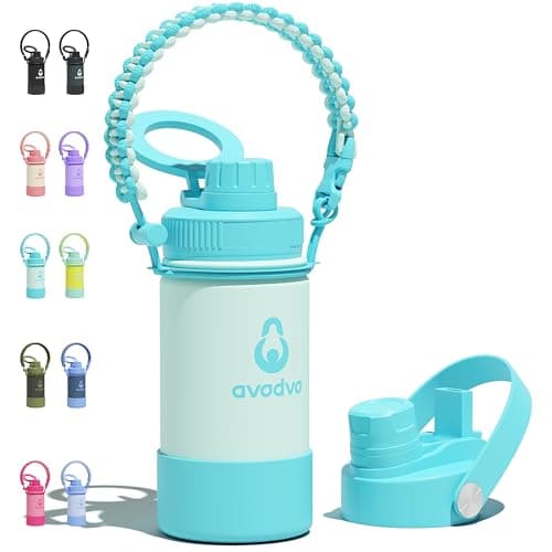 avodvo 12 oz Insulated Water Bottle with 2 Lids (2-in-1 Straw & Spout Lid, Magnetic Lid), Kids Water Bottle with Strap, Kids Stainless Steel Water Bottle for School, PA-Free, Green - Image 1