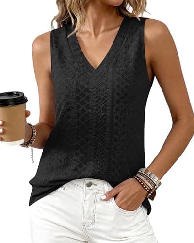 BTFBM Womens Tank Tops 2026 Summer Eyelet Crossed V Neck Sleeveless Casual Loose Fit Basic Spring Top Vacation Outfits(Black, Small) - Image 1