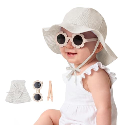 Durio Baby Sun Hat and Sunglasses - UPF50+ Sun Protection Hat for Boy Girl, Wide Brim Summer Beach Hats for Newborn Toddler Beige 2-4T - Image 1