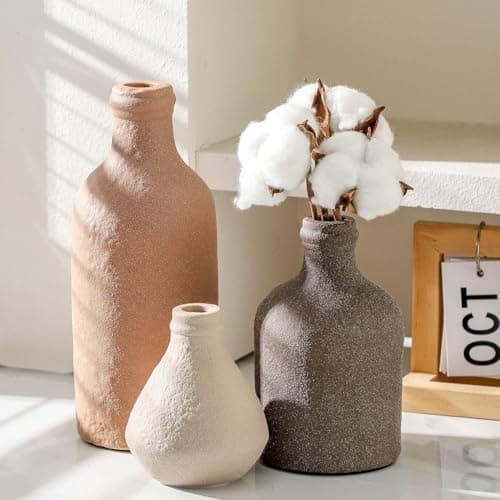 Ceramic Vase Set of 3, Vases Home Decor, Decorative Vases for Table, Boho Flower Vase Modern Neutral Vases for Room Decor, Table, Mantel,Entryway Living Room Kitchen Bedroom Bathroom - Brown - Thumbnail 4