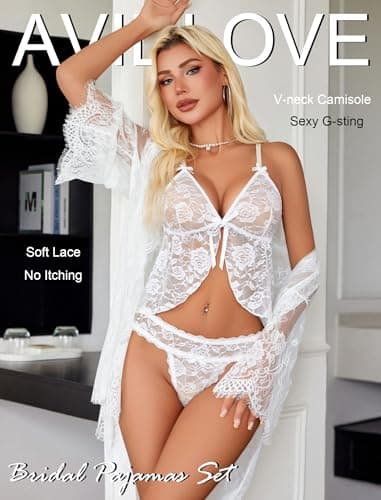 Avidlove Sexy Pajama Set for Women V-neck Bridal Lingerie Womens Pjs Lace Cami Pajama Set White S - Thumbnail 2