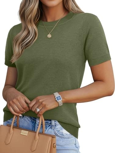 Lepunuo Women's Wool Blend Sweaters Summer Lightweight Short Sleeve Tops Business Casual Knit Blouses 2026 Grass Green - Image 1