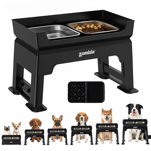 ZOMISIA 3-in-1 Raised Dog Bowl - 6 Height Adjustable Elevated Dog Bowls Stand, Double Deck Design Mess Proof, Feeding Station with 2 Stainless Steel Bowls & Licking Plate for Small Medium Large Pets - Image 1