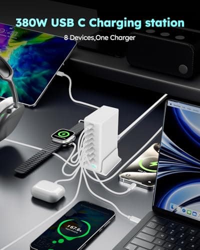 380W USB-C Charger Block, 8-Port USB-C Charging Station PD 30W + 100W PC Laptop, Fast Charging Hub with High-Power Fast Charging Cable for MacBook Pro/Air, DELL, iPad, iPhone, Samsung Galaxy, White - Thumbnail 5