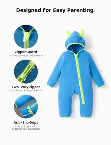 PATPAT Fleece Baby Hooded Footed Romper Clothes, Cozy Soft Warm Footie Covers Mittens, Car Seat Friendly, Easy Zip, Cute Boy Girl, Newborn Infant Bodysuit Bunting Blue Monster 12-18 Months - Thumbnail 5