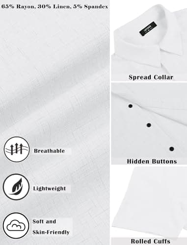 LETSEE Mens Button Down Short Sleeve Shirt Linen Casual Beach Hawaiian Summer Dress Shirts Clothing, White, XXL - Thumbnail 5