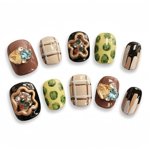 Fine Point Premium Vintage Handmade Plaid Gem Press On Nails, Short Square Green & Brown Check Flower with 3D Gold Charms, Reusable Glue On Fake Nails for Women, 10PCS (Size Small)
