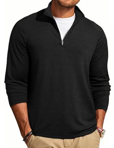 JMIERR Mens Quarter Zip Slim Fit Muscle Shirts Stretchy Breathable Textured Vintage Golf T Shirts for Athletic Workout Running, Large, A Black - Image 1