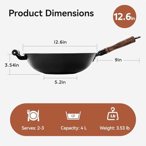 WANGYUANJI Cast Iron Wok Pan with Lid (12.6 Inch) - Handcrafted Flat Bottom Chinese Stir Fry Skillet for Induction, Electric & Gas - Walnut Wood Handle, No Coating - Thumbnail 5