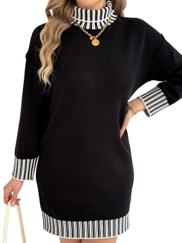 HEBELD Turtleneck Sweater Dress for Women Long Sleeve Color Block Short Knit Dresses for Fall Winter Casual, Black, Large - Image 1