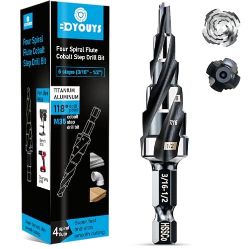 Four Spiral Flute M35 Step Drill Bit Set 3/16"-1/2"(6 Sizes), 1/4" Shank for Metal Step Drill bit, Impact Resistant Cobalt Step Drill Bit, for Stainless Steel, Wood, Aluminum, Plastic - Image 1