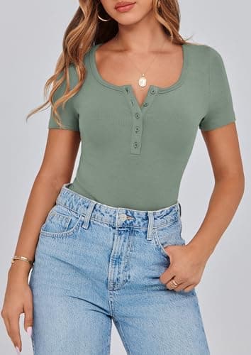PRETTYGARDEN Women's 2026 Fall Summer Short Sleeve Tops Ribbed Henley Button Slim Fit Basic Casual T Shirts Blouse Clothing (Light Green,Large) - Thumbnail 3