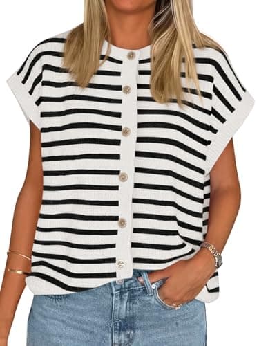 Cicy Bell Womens Striped Cap Sleeve Sweater Vest Crew Neck Button Down Cardigan Cute Knit Tops White - Image 1