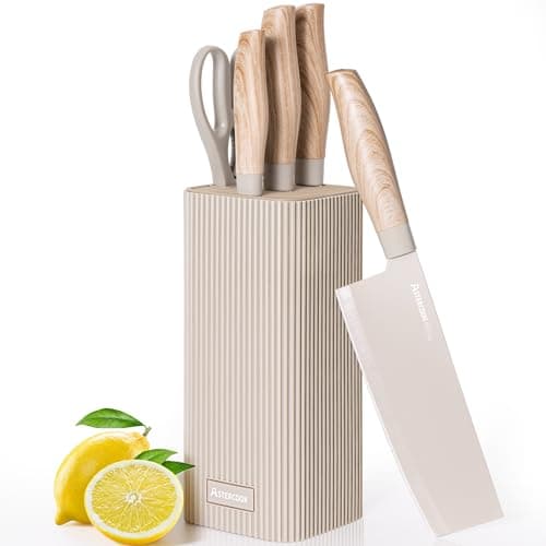 Astercook Knife Set, 6-Piece Kitchen Knife Set with Block, High Carbon Stainless Steel Ultra Sharp Kitchen Knives, Wood Grain Handle, Dishwasher Safe Knife Block Set, Khaki - Image 1