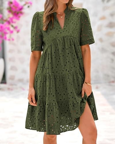 BTFBM Womens Boho Summer Dresses 2025 Resort V Neck Short Sleeve Hollow Out Lace Ruffle Casual Beach Mini Vacation Dress(Army Green, X-Large) - Thumbnail 4