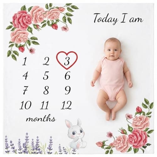 vmaisi Baby Milestone Blanket for Girl, Monthly Growth Photo Blanket for Newborn Infant, Floral Nursery Swaddle Blanket (Flowers, Single Printed