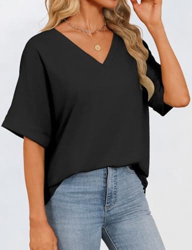 GKBK Womens Oversized T Shirts V Neck Loose Fit Shirts Short Sleeve Summer Casual Tops 2025 Trendy Blouses Y2K Plain Tees Black XL - Thumbnail 3