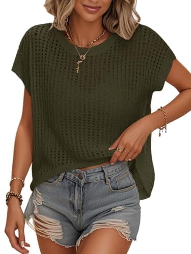 Bellcoco Crochet Tops for Women Summer Vacation Outfits Beach Cover Ups Cute Hollow Out Pullover Sweater Vest Cap Sleeve Clothes 2026 Army Green Small - Image 1