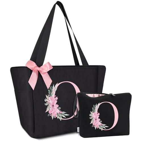 Vavabox Tote Bag, A-Z Initial Monogrammed Waterproof Tote Bag, Bridesmaid Gifts for Women, Black and Pink (O, Black Set) - Image 1