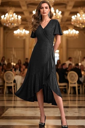 Autumn Flowerwall Women Plus Size Formal Party Gown Sparkle Black XL Lustrous Knit V Neck Flutter Sleeve Cocktail Dress A-Line Evening Gowns for Curvy Women Prom Ball Gown Slit - Thumbnail 6