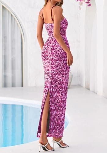 BTFBM Womens Maxi Dress 2026 Spring Floral Sexy Spaghetti Straps Sleeveless Bodycon Summer Beach Wedding Guest Dresses(Dark Purple Print, Large) - Thumbnail 3