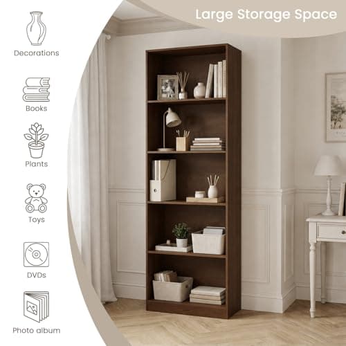 VAFHYLLIS Bookshelf, 5 Cube Storage Organizer Bookshelves Bookcases, Floor Freestanding 5 Tiers Open Storage Shelves 71 Inches Tall Bookcase Furniture for Home Office, Living Room, Walnut Color - Thumbnail 6