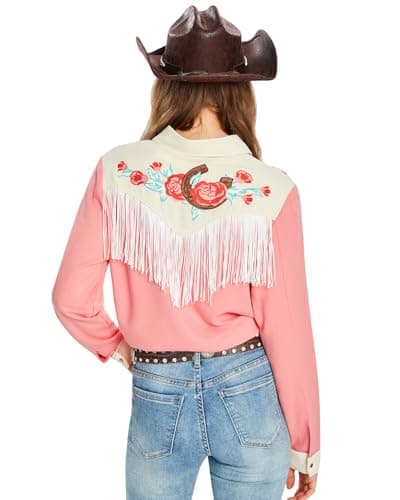 JOHN MOON Women's Fringe Western Shirts Floral Embroidered Button Down Shacket Rodeo Cowgirl Country Top Long Sleeve Pink - Thumbnail 2