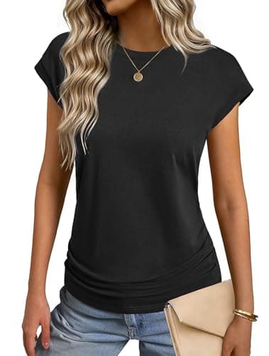 GKBK Womens Summer Tops Trendy 2026 Ruched Cap Short Sleeve Shirts Crew Neck T Shirts Fashion Black XXL - Image 1
