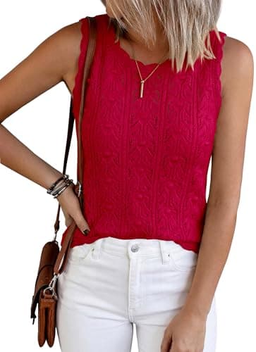 BTFBM Crochet Tops for Women Sleeveless Knit Sweater Vest Tank Top Summer Spring 2026 Cover Ups Beach Vacation Clothes(Red, X-Large)
