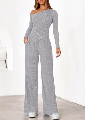 PRETTYGARDEN Fall Two Piece Sets For Women 2026 Off Shoulder Tops Long Pants Knit Matching Lounge Set Airport Travel Outfits(Light Grey,X-Large) - Thumbnail 2