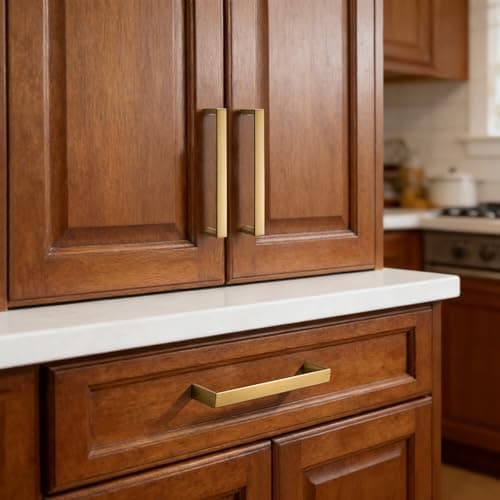 Synkylux 10 Pack Brushed Brass Cabinet Pulls 3-3/4-inch(96mm) Hole Center Kitchen Cabient Hardware Gold Cabinet Handles Drawer Pulls,Cabinet Pulls,Cupboards, Dressers and Square Solid Metal Hardware - Thumbnail 4