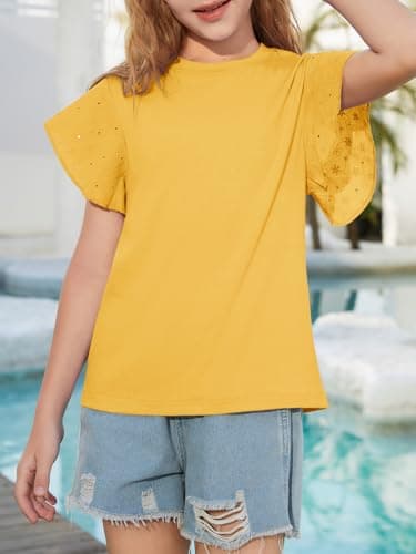 Girls Ruffle Sleeve Shirts Butterfly Sleeve Blouse Summer Eyelet Cute T-Shirt Crewneck Tee Tops for Girls 4-15 Yellow - Thumbnail 3