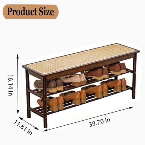 latifolia Shoe Rack Bench, 3-Tier Bamboo Shoe Bench with Breathable Rattan Seat Cushion, Shoe Storage Rack for Entryway(Walnut,39.70''L) - Thumbnail 2