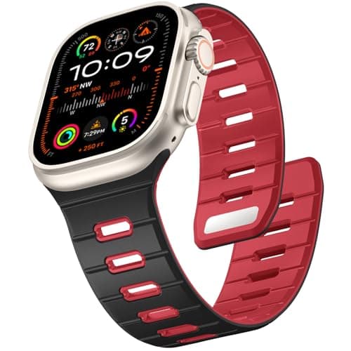 Odbeai Magnetic Sport Band Compatible with Apple Watch Ultra 3 2/Ultra Band for Men 49mm 46mm 45mm 44mm 42mm,Strong Magnet Outdoors Soft Silicone Strap for iWatch All Series 11 10 9-1 SE Black/Red - Image 1
