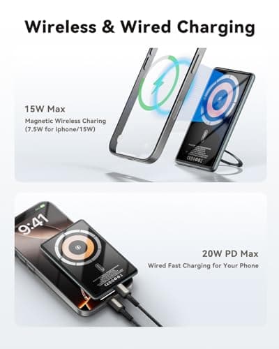 Kuulaa 5000mAh Magnetic Power Bank for iPhone 0.41in Slim Magsafe Battery Pack Wireless Portable Charger with Rotable Stand 20W PD USB C Output for iPhone 17/16/15/14/13/12 Series (Gris) - Thumbnail 6