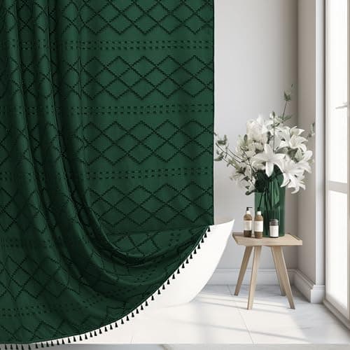 Siiluminisoy Dark Green Boho Shower Curtain Woven Fabric Cute Shower Curtain, 72 x 72 Tufted Chevron Textured Striped Modern Farmhouse Minimalist Cloth Shower Curtains for Bathroom - Image 1