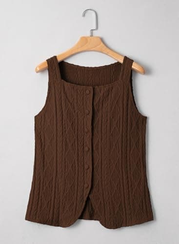 BLENCOT Womens Slim Fitted Knit Vest Sleeveless Button Down Vests Tops Stretch Textured Jacquard Going Out Tank Top Fashion 2026 Brown 2X-Large - Thumbnail 6