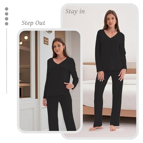 Navisting Women's Soft Knit Pajamas Set V-Neck Top and Pants Long Sleeve Two Piece Loungewear Elegant Wavy Hem Sleepwear with Color Options Black S - Thumbnail 6