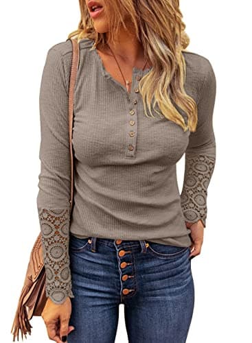 BTFBM Women Long Sleeve Shirts Spring Solid Button Up V Neck Lace Long Sleeves Slim Fit Knit Casual Fall T-Shirts 2026(Dark Khaki,XX-Large) - Image 1