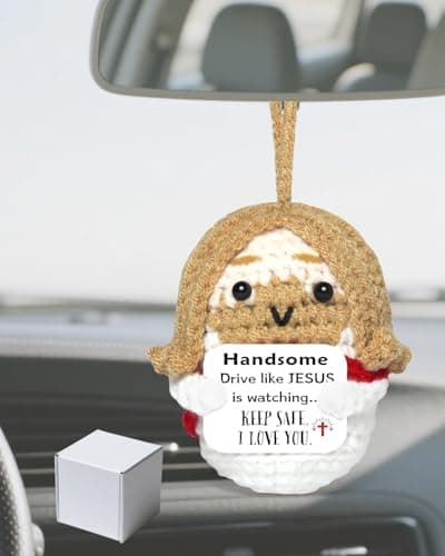 Driver Gifts for Men Positive Jesus: Christmas Stocking Stuffers Car Decors Handmade Emotional Jesus with Drive Safe Cards Rearview Mirror Hanging Accessories, Christian Catholic Religious Gift Ideas - Image 1