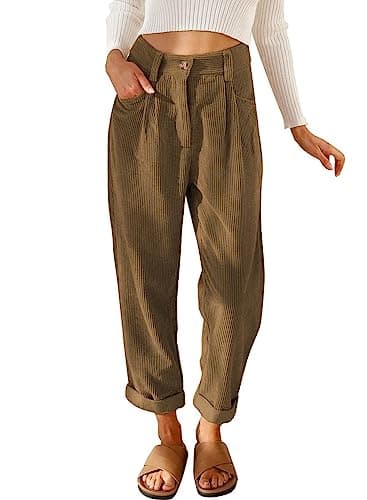 Womens Corduroy Pants Casual High Waisted Straight Leg Vintage Trousers for Women with Pockets (Brown US 6) - Image 1