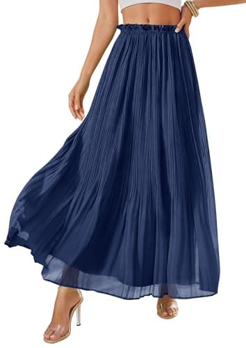 PRETTYGARDEN Long Skirts for Women Summer Vacation Outfits 2026 Spring Chiffon Elastic Waist Flowy A-Line Pleated Midi Skirt(Dark Blue,X-Large) - Image 1