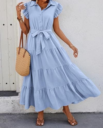 dowerme Ladies Dress 2025 Ruffle Cap Sleeve Button Down V Neck Tie Waist Plain Pleated Tiered Boho Flowy A-Line Dresses(Sky Blue,X-Large) - Thumbnail 3