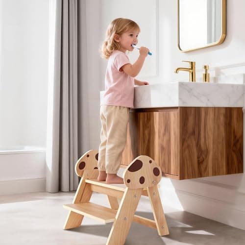 Novarieth Beech Wooden Toddler Step Stool, 2-Step Foldable Stool for Kids with Non-Slip Surface, Baby Bathroom Stool for Potty Training, Bathroom Sink, Kitchen Counter with Cute Mushroom Design - Thumbnail 2