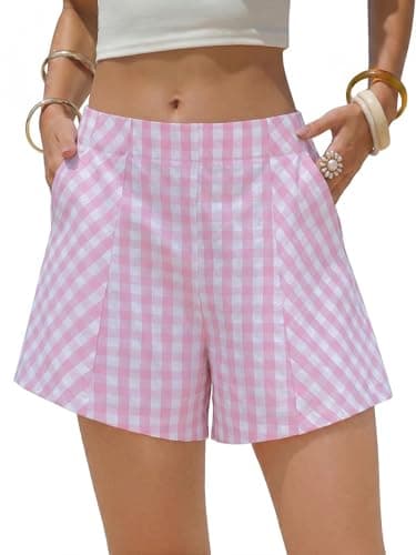 EXLURA Womens Cotton Boxer Shorts Faux Linen Gingham Shorts Summer High Waist Plaid Y2K Beach Bottoms Vacation Outfits 2026 - Image 1
