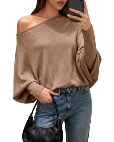 BTFBM Casual Fall Sweaters for Women 2026 Long Batwing Sleeve Ribbed Knit Tops Pullover Loose Off The Shoulder Sweater(Khaki,Medium) - Image 1