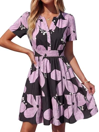 BTFBM Summer Dresses for Women 2026 Lightweight Casual Short Sleeve Floral Mini Dress A Line Beach Vacation Sundress(Black Purple Flower, Medium) - Image 1