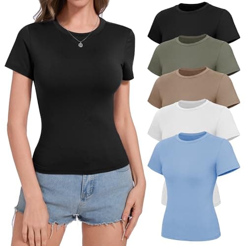 NexiEpoch 5 Pack T Shirts for Women - Crew Neck Short Sleeve Crop Tops Plain Casual Basic Tees Fitted Clothes Cute Y2K Outfit - Image 1