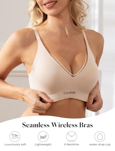 COMFELIE Invisible Wireless Bra for Women Seamless Full Coverage Bralette with Soft Support and Underarm Smoothing Beige - Thumbnail 4
