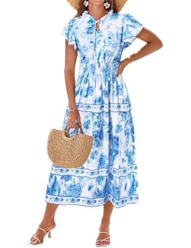 Summer Beach Floral Dresses for Women Sundress Casual Boho with Pockets White Blue Blooming Flowers XL - Image 1